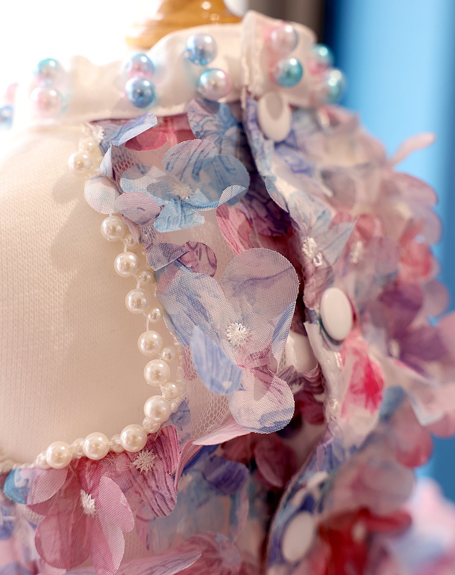 Handmade Pastel Floral Pet Dress with Pearl Collar & Lace Tutu - Party Outfit