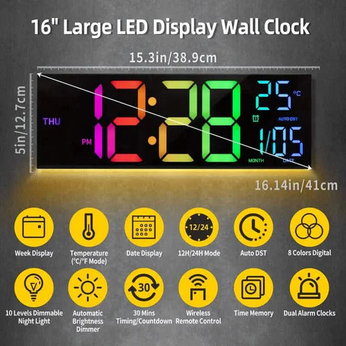 16.2" Large Display Digital Coloring Changing Wall Clock with Built-in Night Light