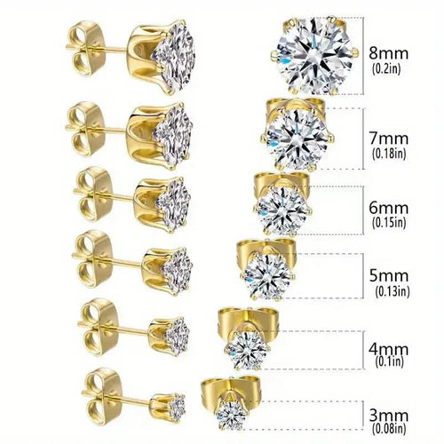 18K Gold Ear Bone Buckle Stainless Steel 6-Prong Zirconia Stud Earrings