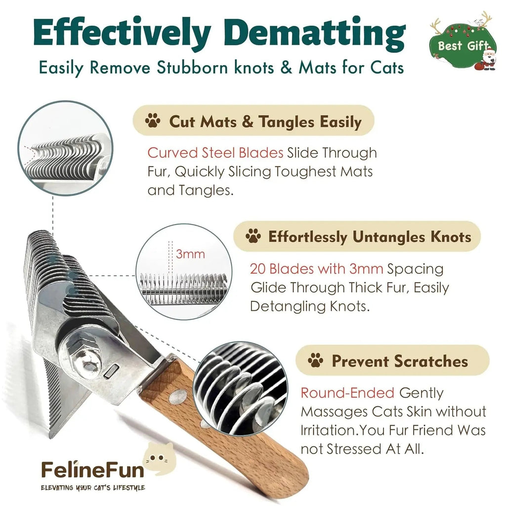 2-in-1 Cat Dematting & Deshedding Brush Undercoat Rake for Long Hair Cats