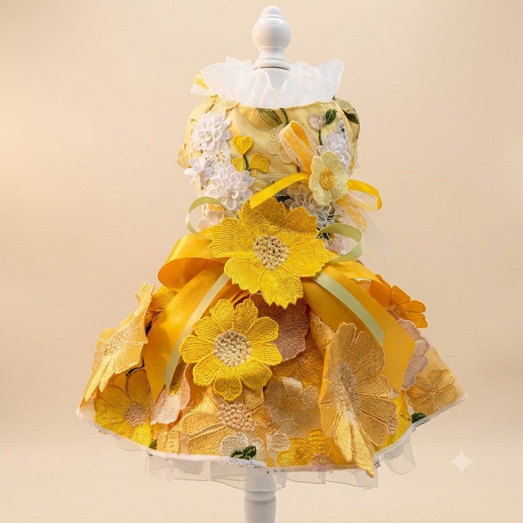 Yellow Floral Dog Dress Pet Gown with Detachable Train