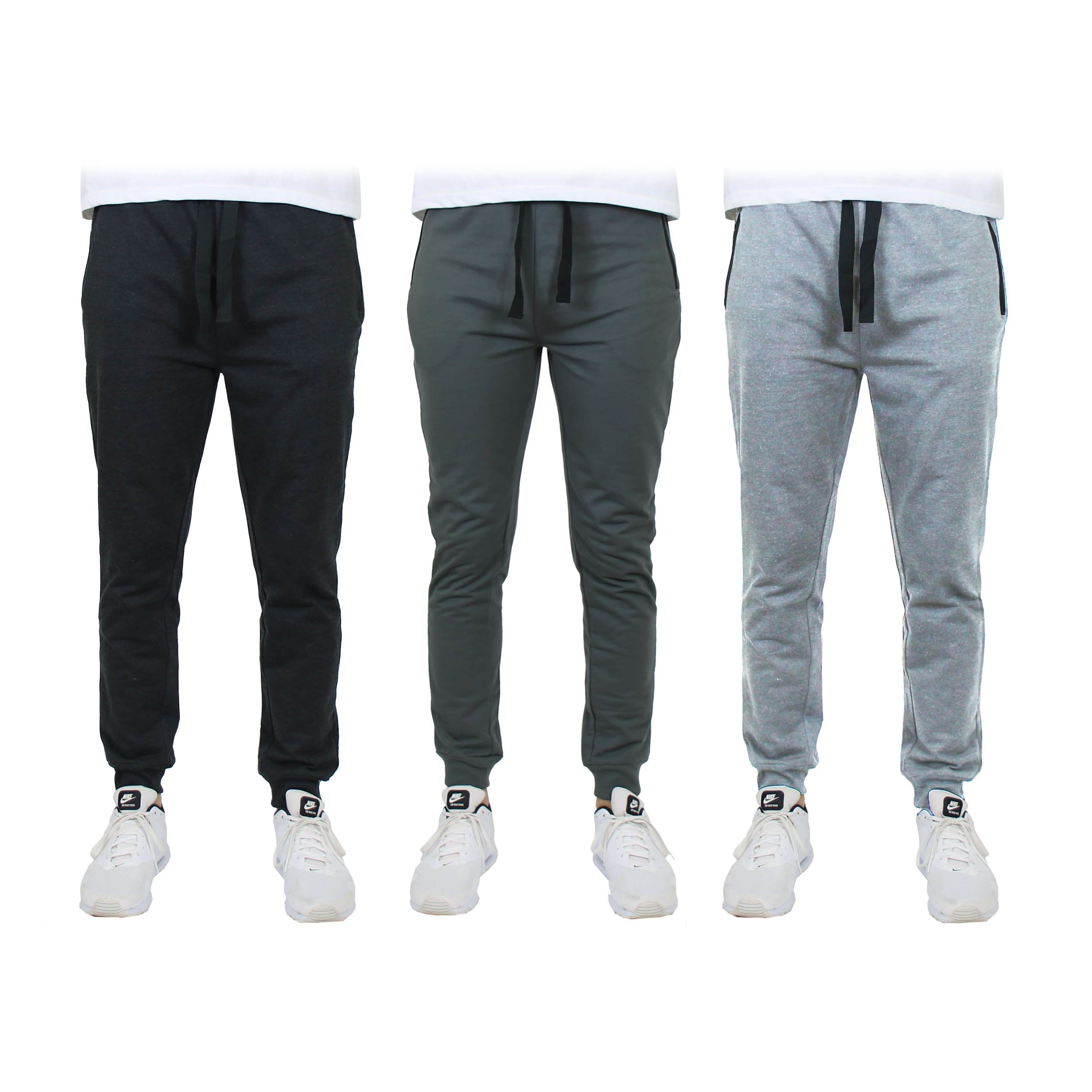 3-Pack: Men's Slim Fitting French Terry Jogger Lounge Pants with Zipper Pockets