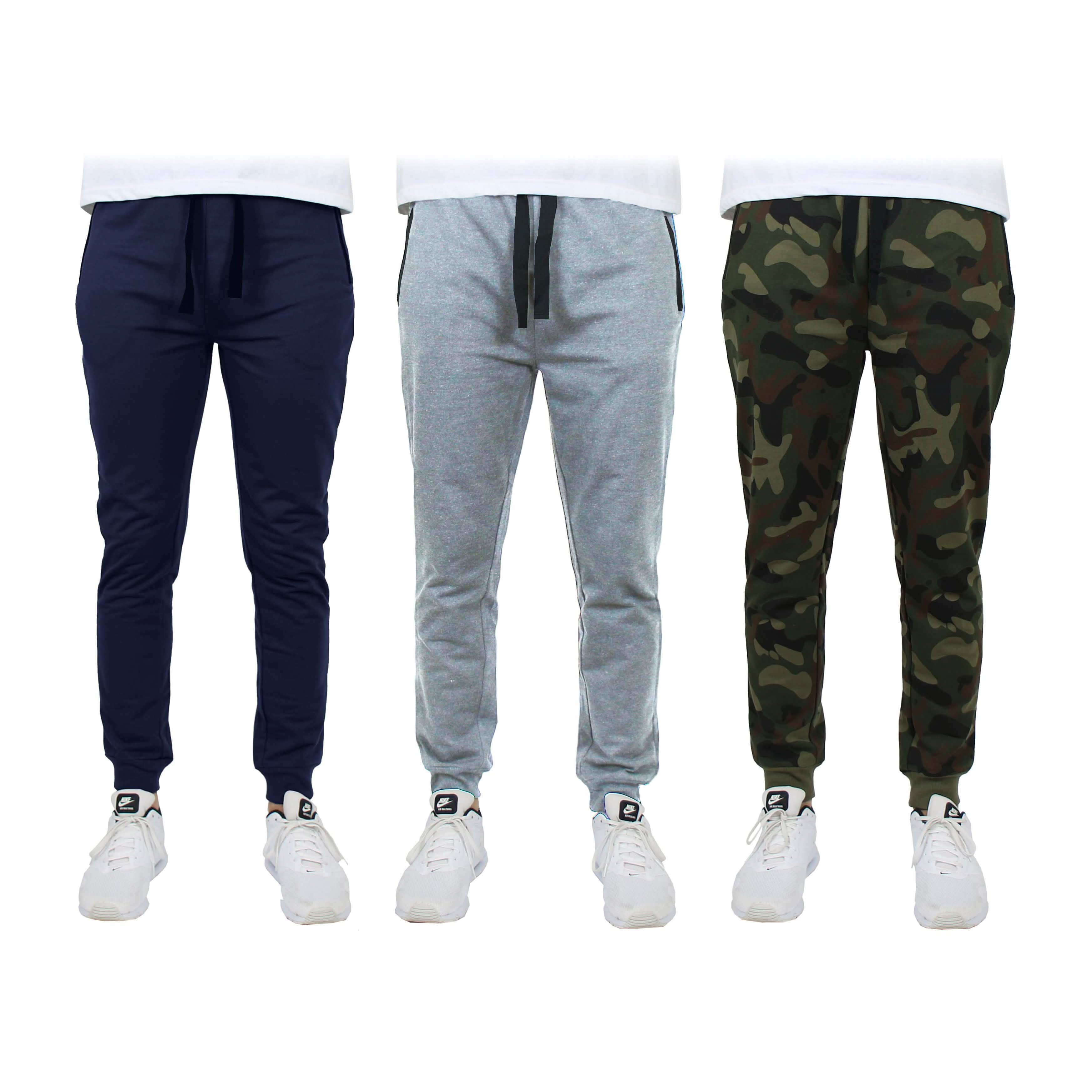 3-Pack: Men's Slim Fitting French Terry Jogger Lounge Pants with Zipper Pockets