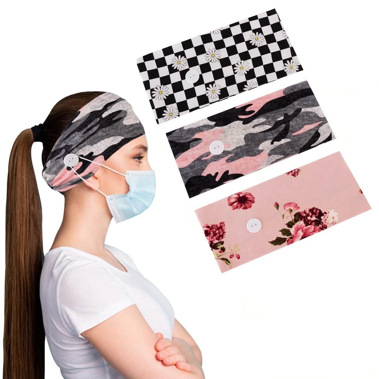 3-Pack: Women's Comfy Stretchy Headband With Buttons For Face Masks and Covers