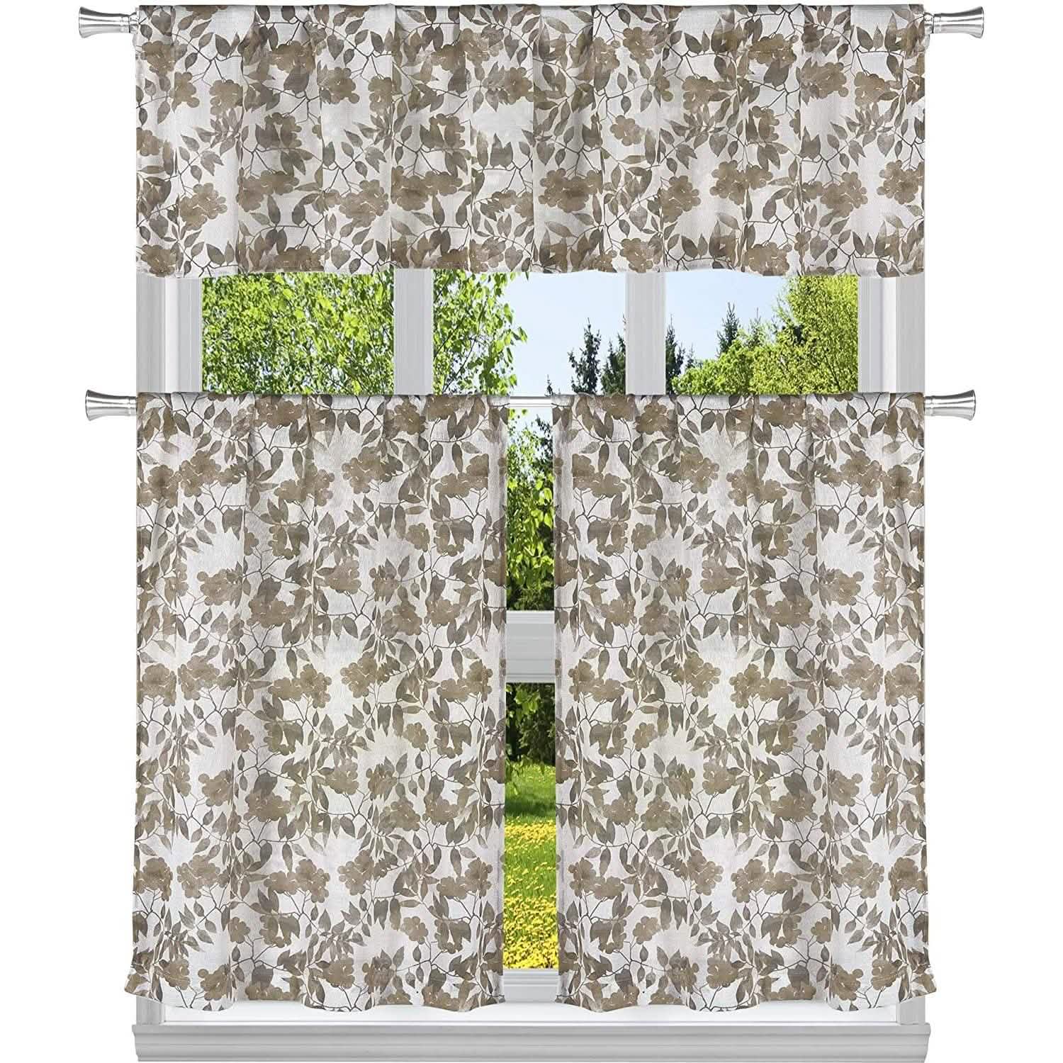 3-Piece: Chic Floral Pattern Semi-Sheer Kitchen Curtain Tier and Valance Set