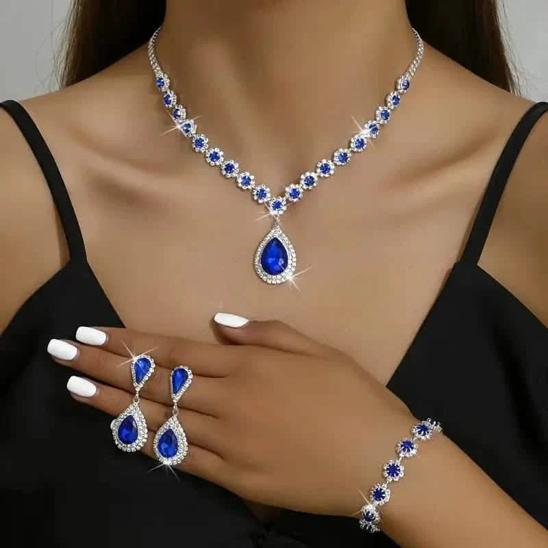 3-Piece Set: Elegant Bridal Jewelry Set - Rhinestone-Encrusted Earrings, Necklace & Bracelet Combo