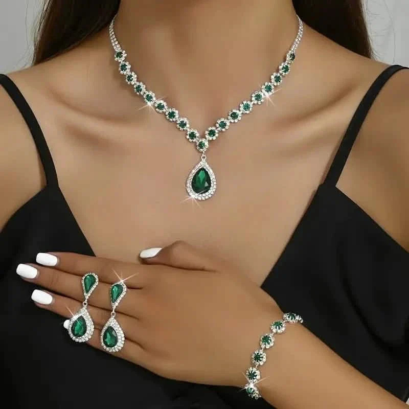 3-Piece Set: Elegant Bridal Jewelry Set - Rhinestone-Encrusted Earrings, Necklace & Bracelet Combo