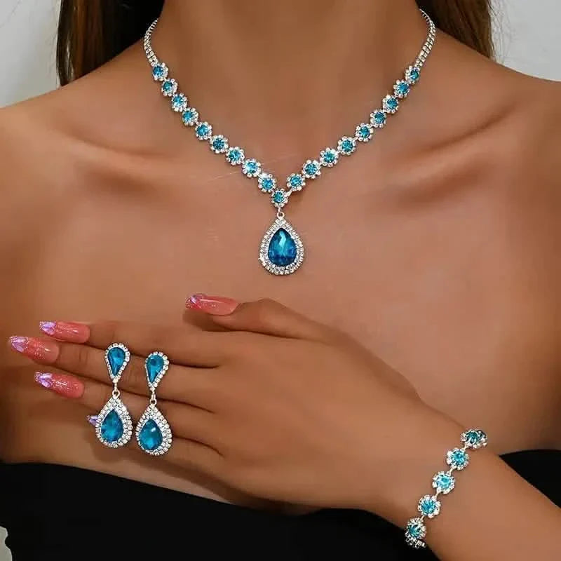 3-Piece Set: Elegant Bridal Jewelry Set - Rhinestone-Encrusted Earrings, Necklace & Bracelet Combo