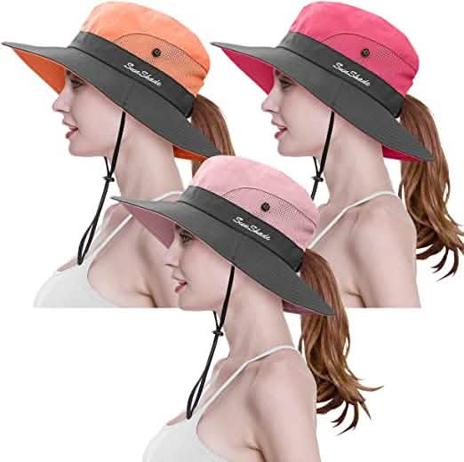 3-Piece: Women's Ponytail Wide Brim Sun Hat