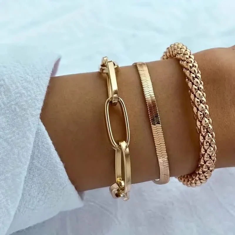 3-Pieces Set: Vintage Golden Color Snake Bone Chain Multilayer Bracelet