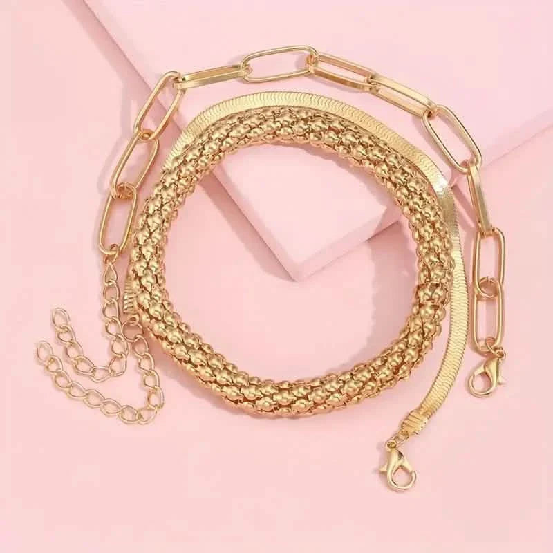 3-Pieces Set: Vintage Golden Color Snake Bone Chain Multilayer Bracelet