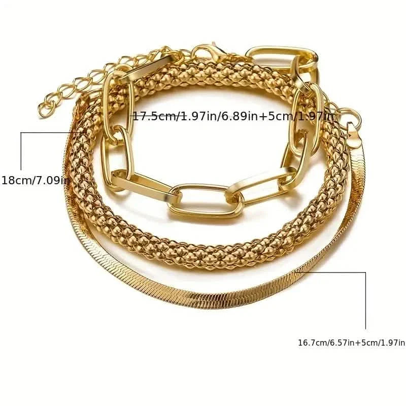 3-Pieces Set: Vintage Golden Color Snake Bone Chain Multilayer Bracelet