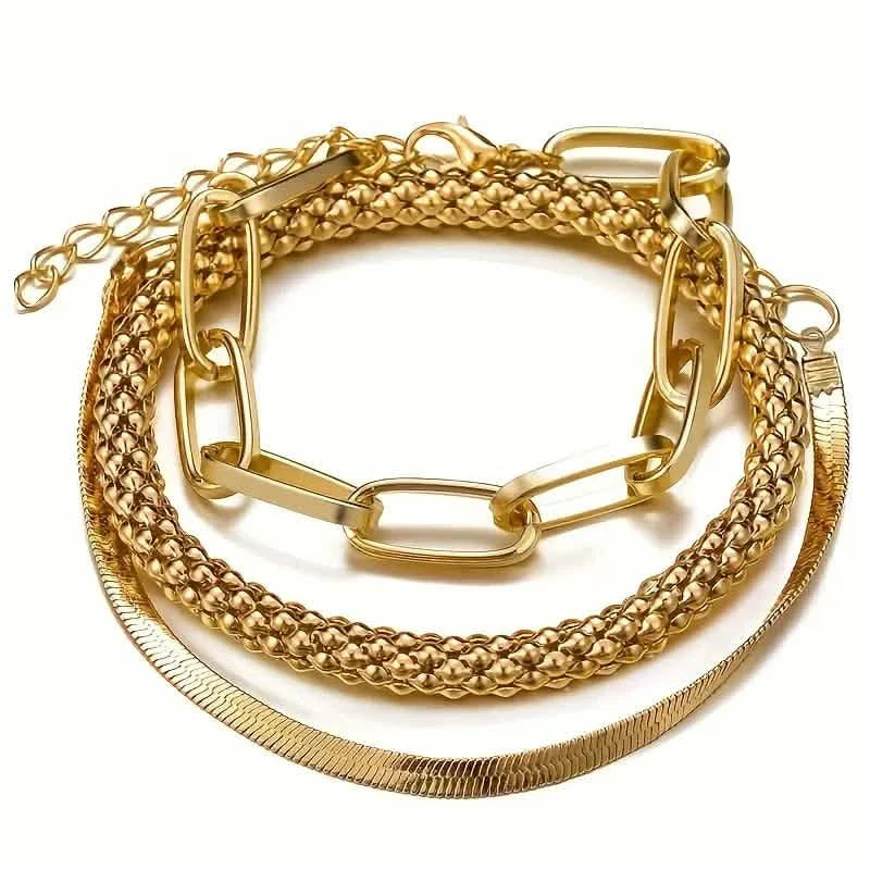 3-Pieces Set: Vintage Golden Color Snake Bone Chain Multilayer Bracelet