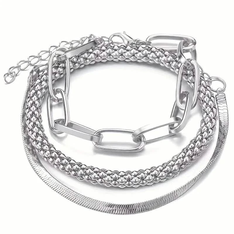 3-Pieces Set: Vintage Golden Color Snake Bone Chain Multilayer Bracelet