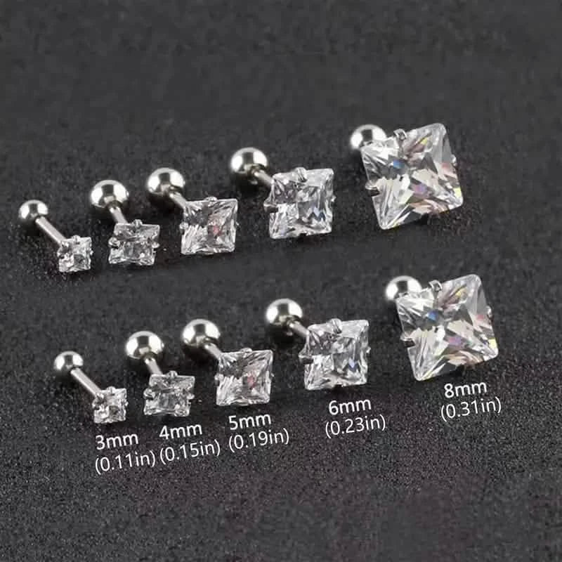 316 Stainless Steel Square Stud Earrings with Cubic Zirconia Accents
