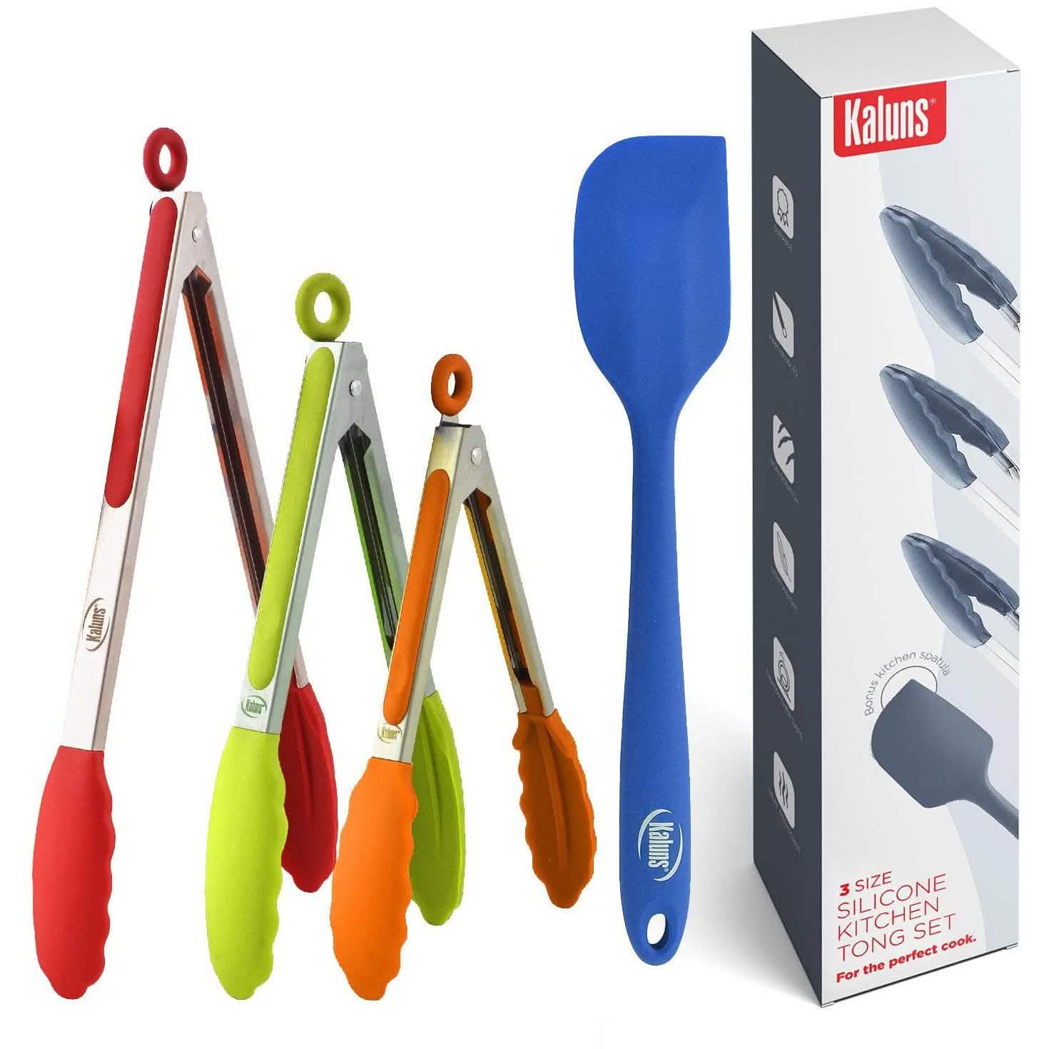 4-Pack: Kaluns Kitchen Tongs for Cooking with Silicone Spatula