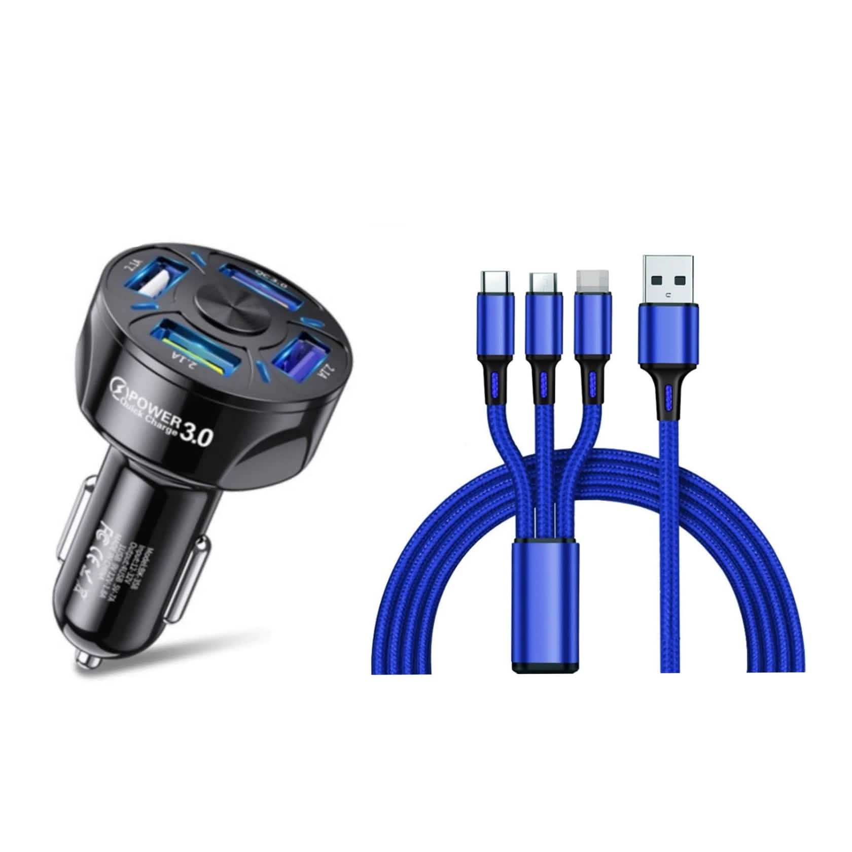 4 Port LED Car Charger + 3 in 1 Cable Combo
