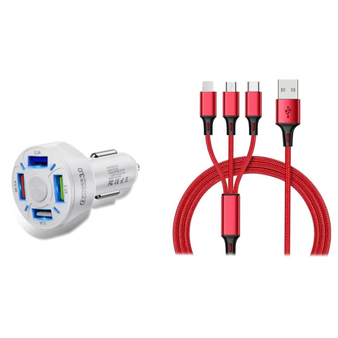 4 Port LED Car Charger + 3-in-1 Cable Combo