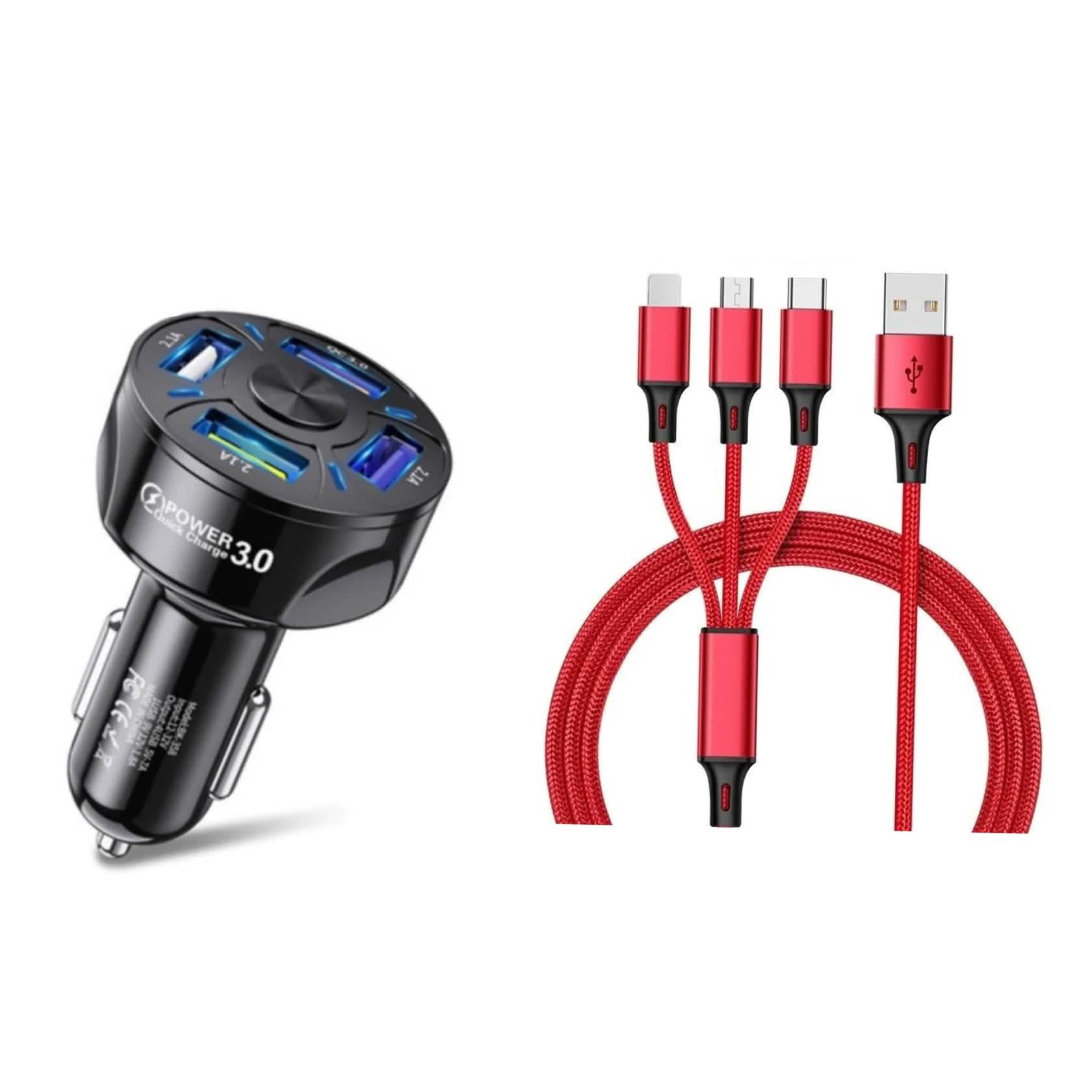 4 Port LED Car Charger + 3 in 1 Cable Combo