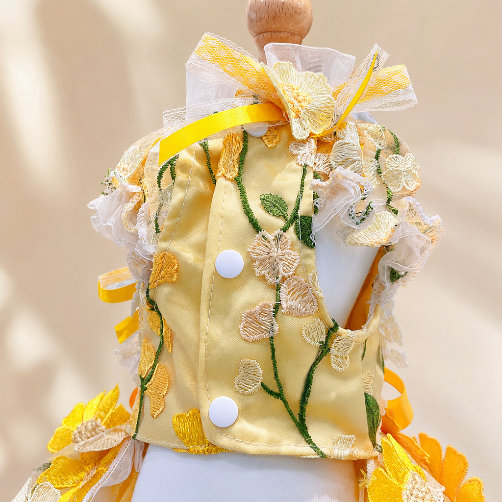 Yellow Floral Dog Dress Pet Gown with Detachable Train