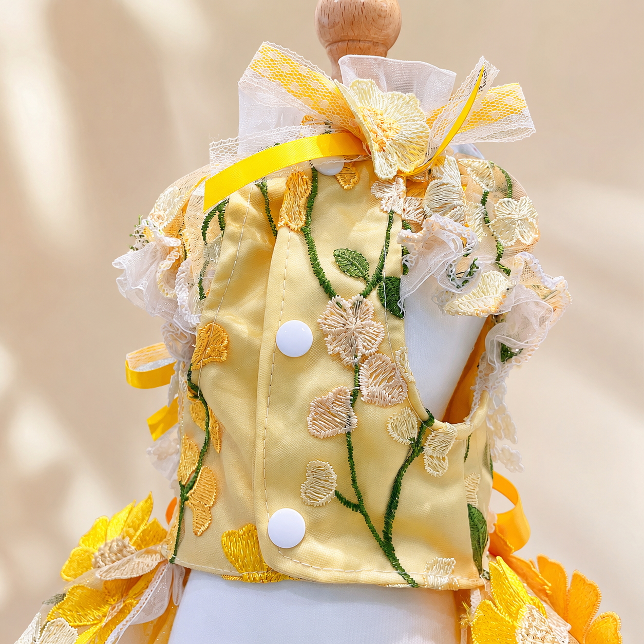 Yellow Floral Dog Dress Pet Gown with Detachable Train