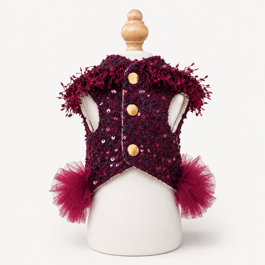 Luxury Burgundy Sequin Dog Dress – Handmade Pet Party Dress with Tulle Tutu Skirt & Rhinestone Heart Bows