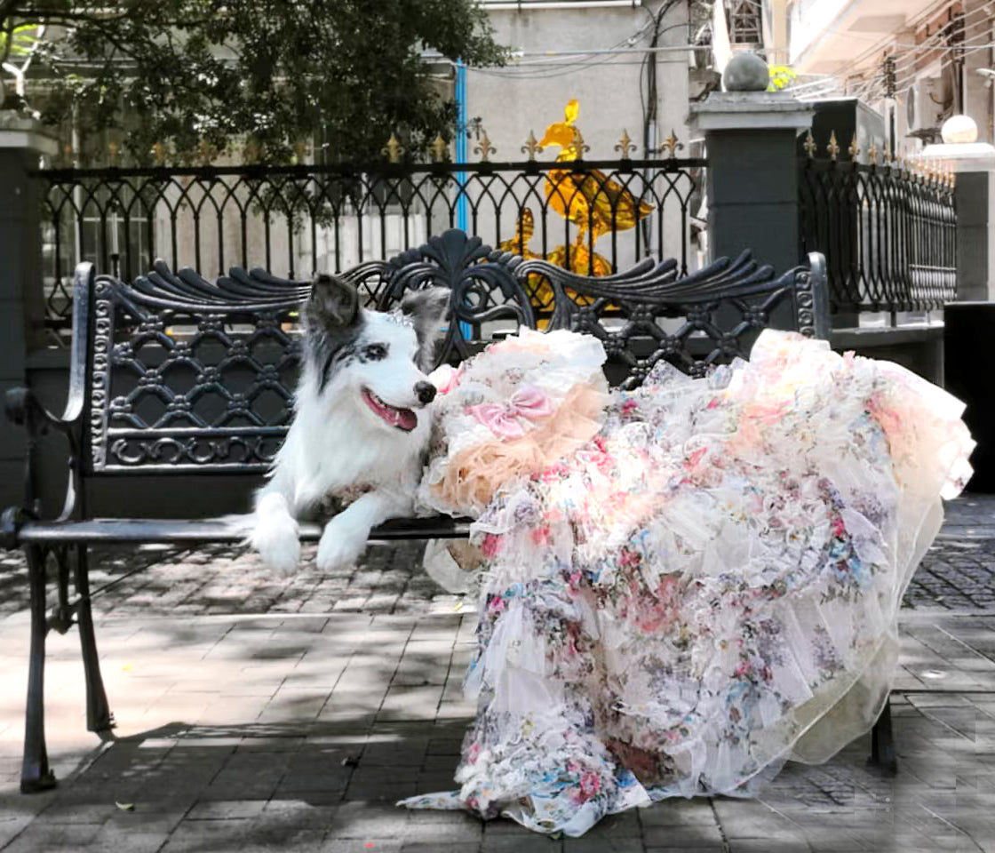 Luxury Floral Dog Dress with Ruffled Skirt & Pink Bow