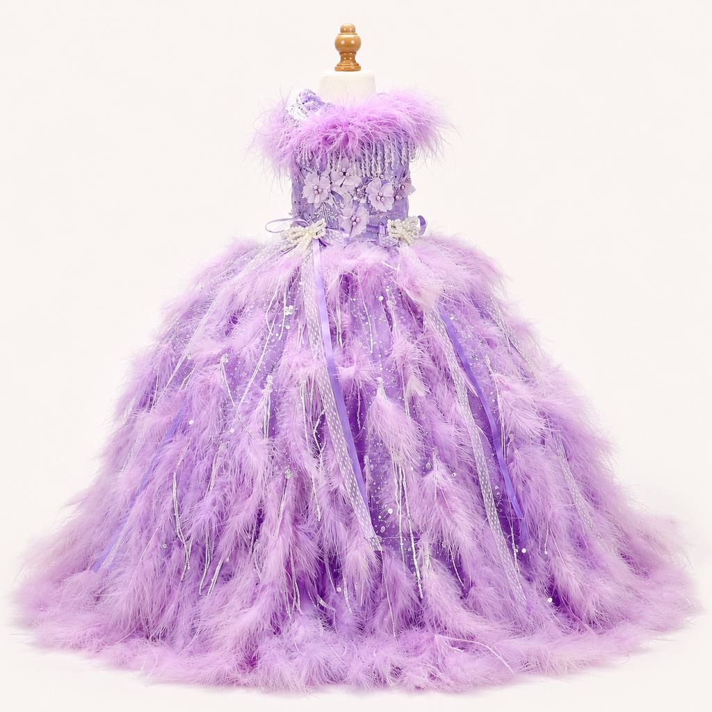 Luxury Lavender Feather Pet Wedding Gown Handmade Crystal Dog Bridal Dress Floor Length Couture Princess Wedding Outfit
