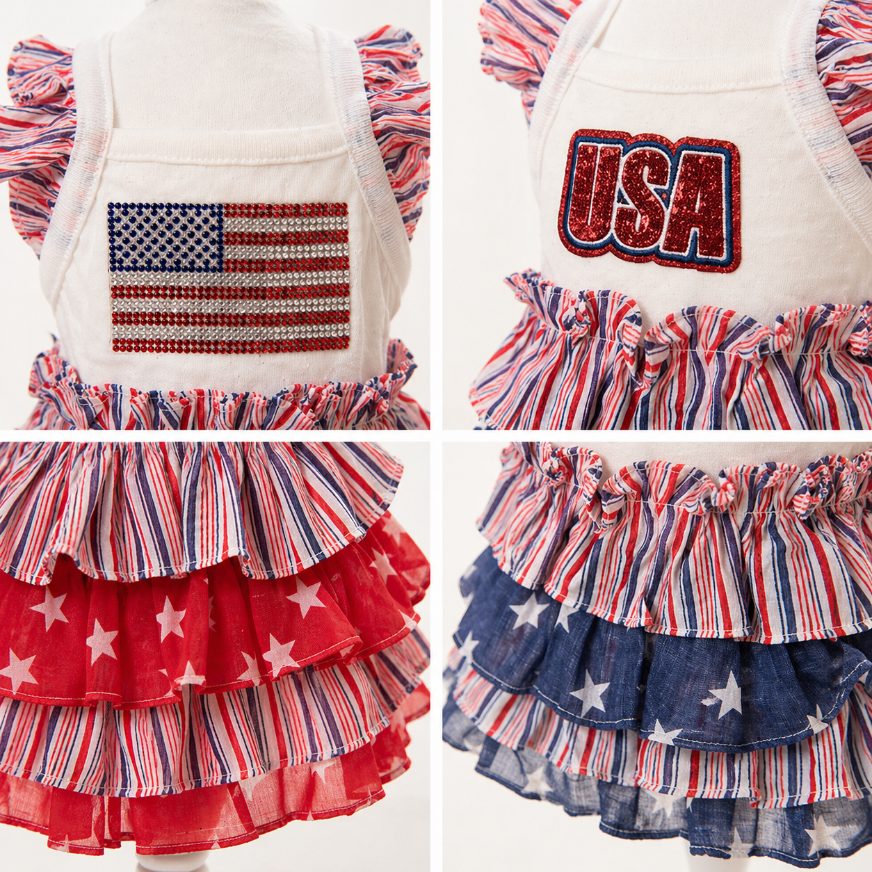 Patriotic Dog Dress USA Flag Ruffle Dress – Red White Blue Puppy Outfit for 4th of July