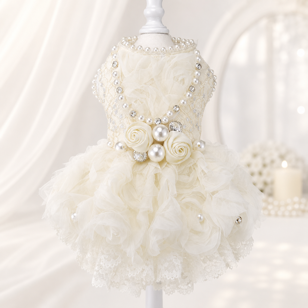 Handmade Luxury Pearl & Rose Lace Pet Dress
