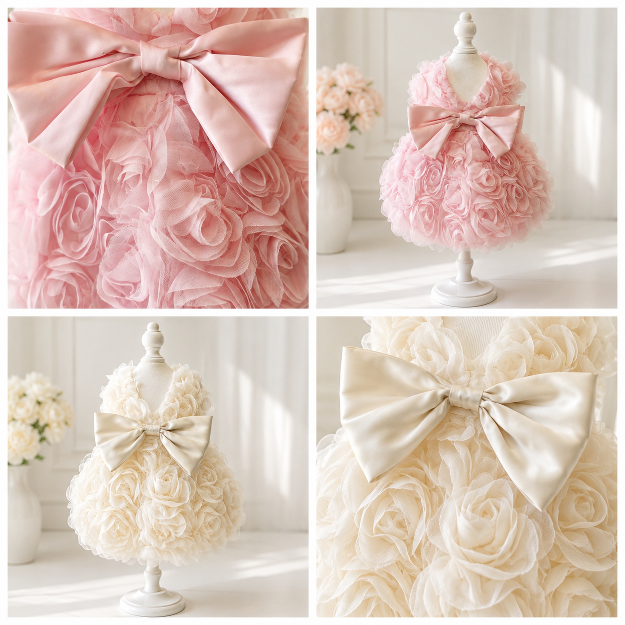 Luxury Rose Pet Dress for Small Dogs – 3D Floral Princess Puppy Dress with Satin Bow