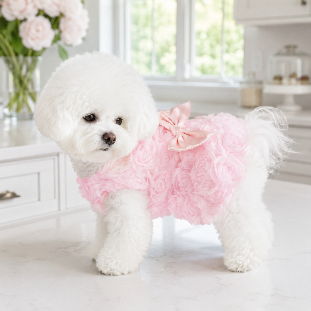 Luxury Rose Pet Dress for Small Dogs – 3D Floral Princess Puppy Dress with Satin Bow