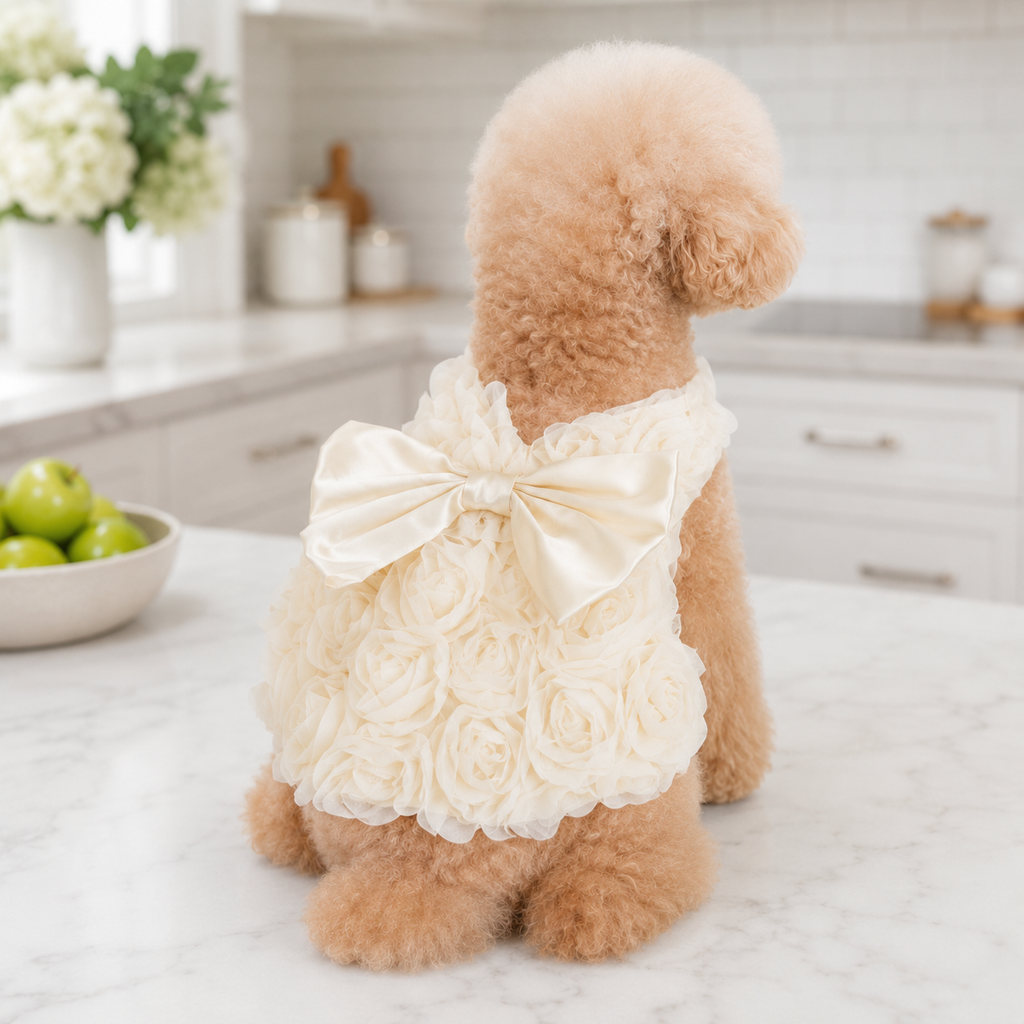 Luxury Rose Pet Dress for Small Dogs – 3D Floral Princess Puppy Dress with Satin Bow