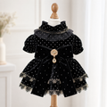 Midnight Velvet Princess Dog Dress – Luxury Black Polka Dot Puppy Dress with Gold Lace & Crystal Bow