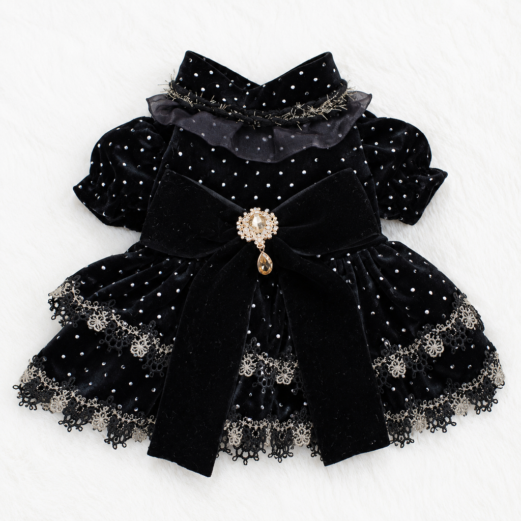 Midnight Velvet Princess Dog Dress – Luxury Black Polka Dot Puppy Dress with Gold Lace & Crystal Bow