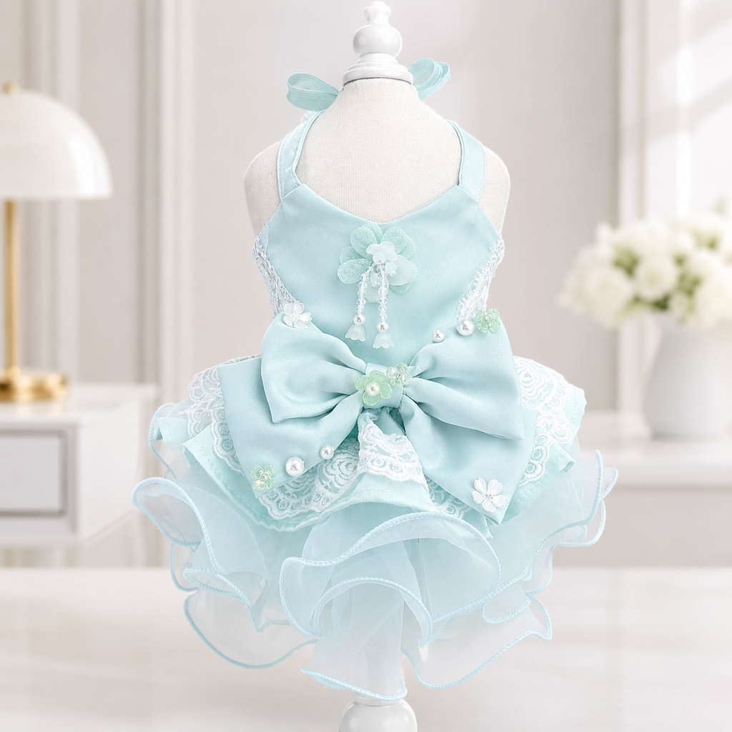 Handmade Mint Blue Princess Dog Dress with Lace Bow and Pearl Details