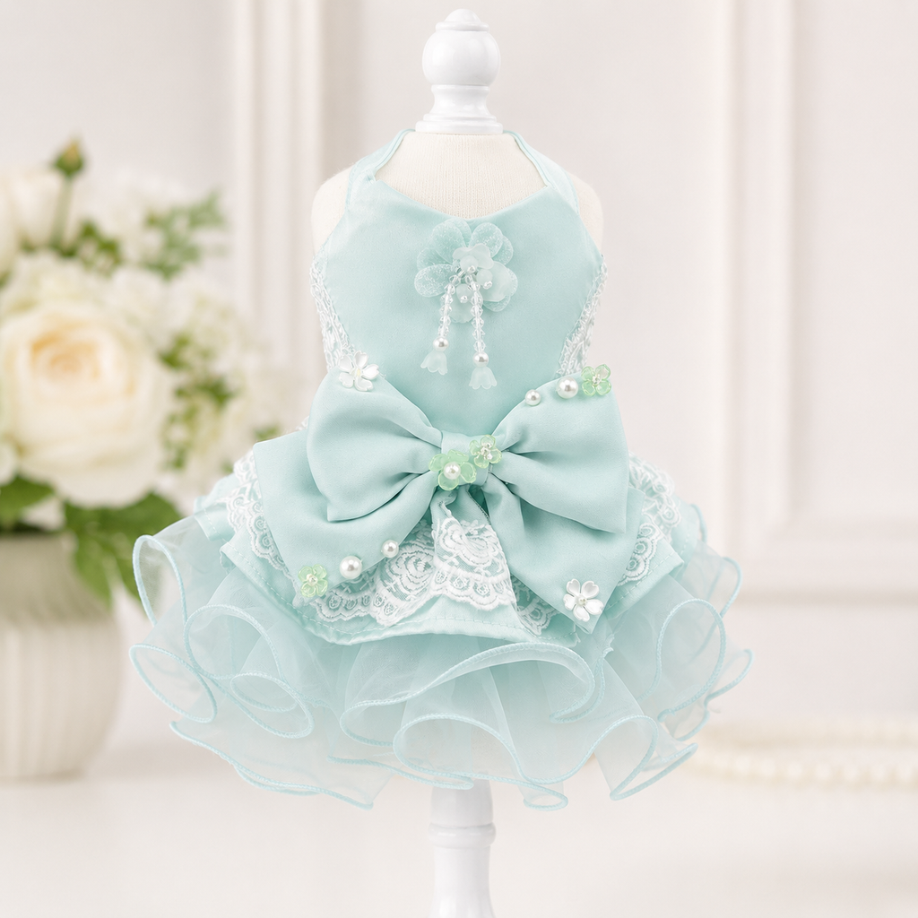 Handmade Mint Blue Princess Dog Dress with Lace Bow and Pearl Details