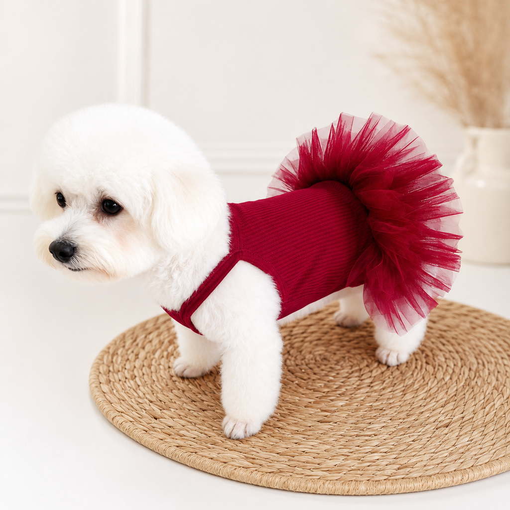Princess Tulle Dog Dress – Soft Ribbed Puppy Tutu Dress for Small Dogs Birthday Party Outfit