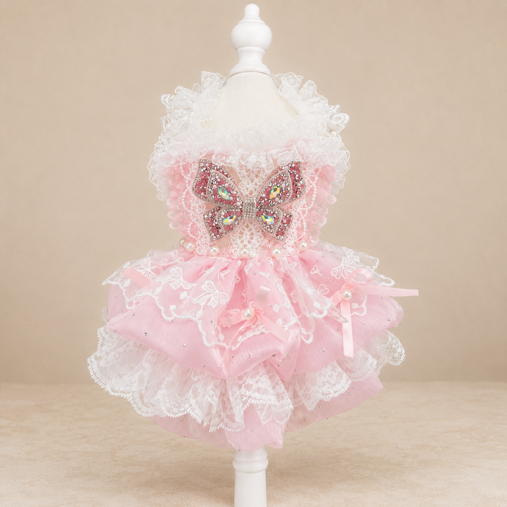 Pink Lace Tulle Pet Dress with Butterfly Bow