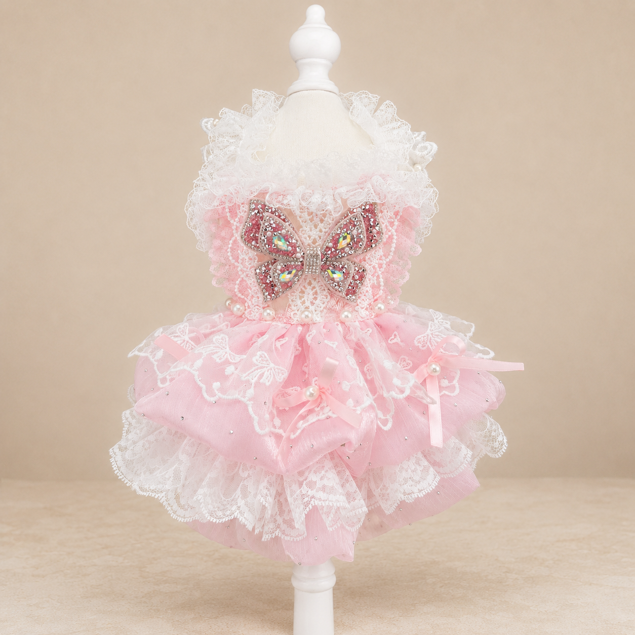 Pink Lace Tulle Pet Dress with Butterfly Bow