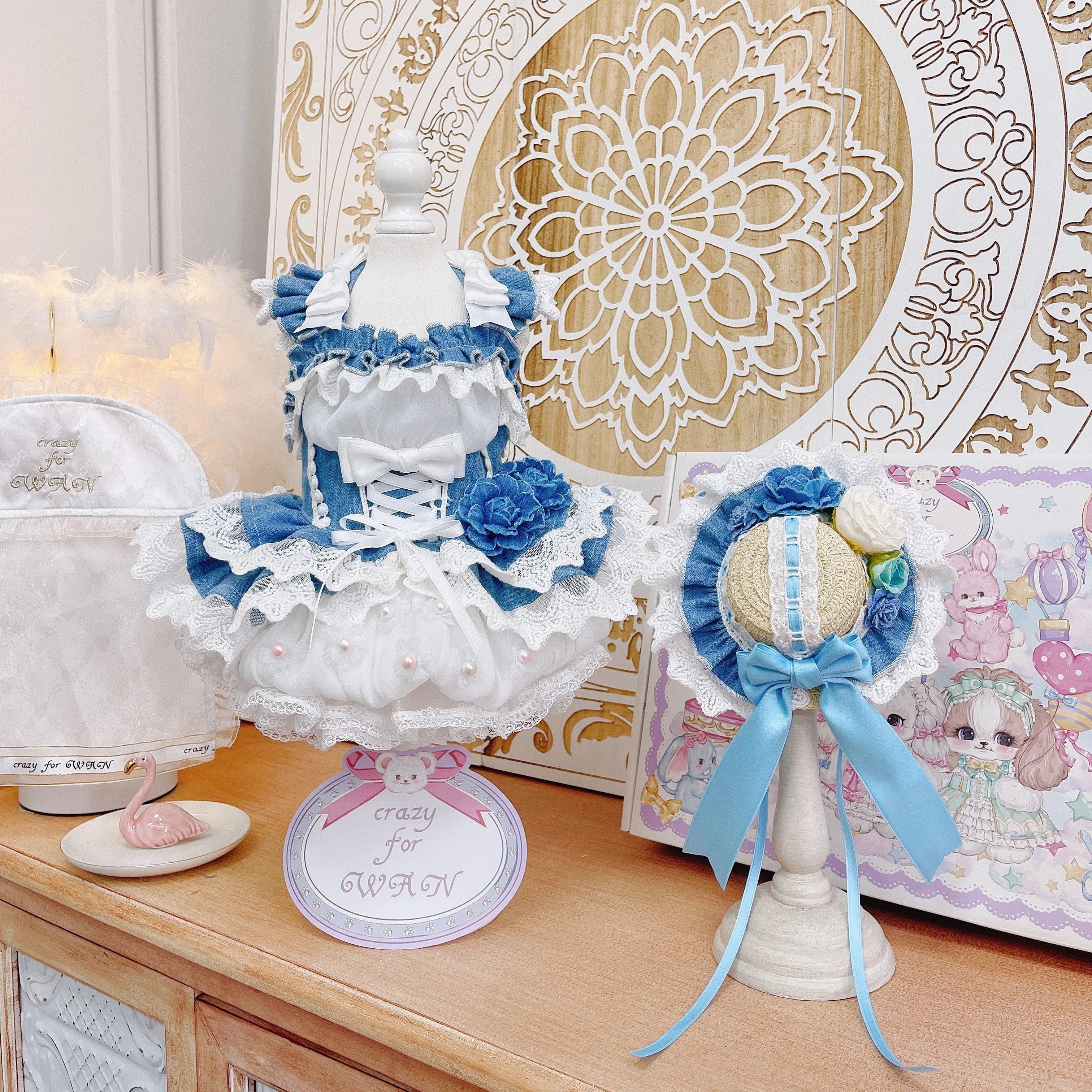 High quality handmade dog dresses denim+hat