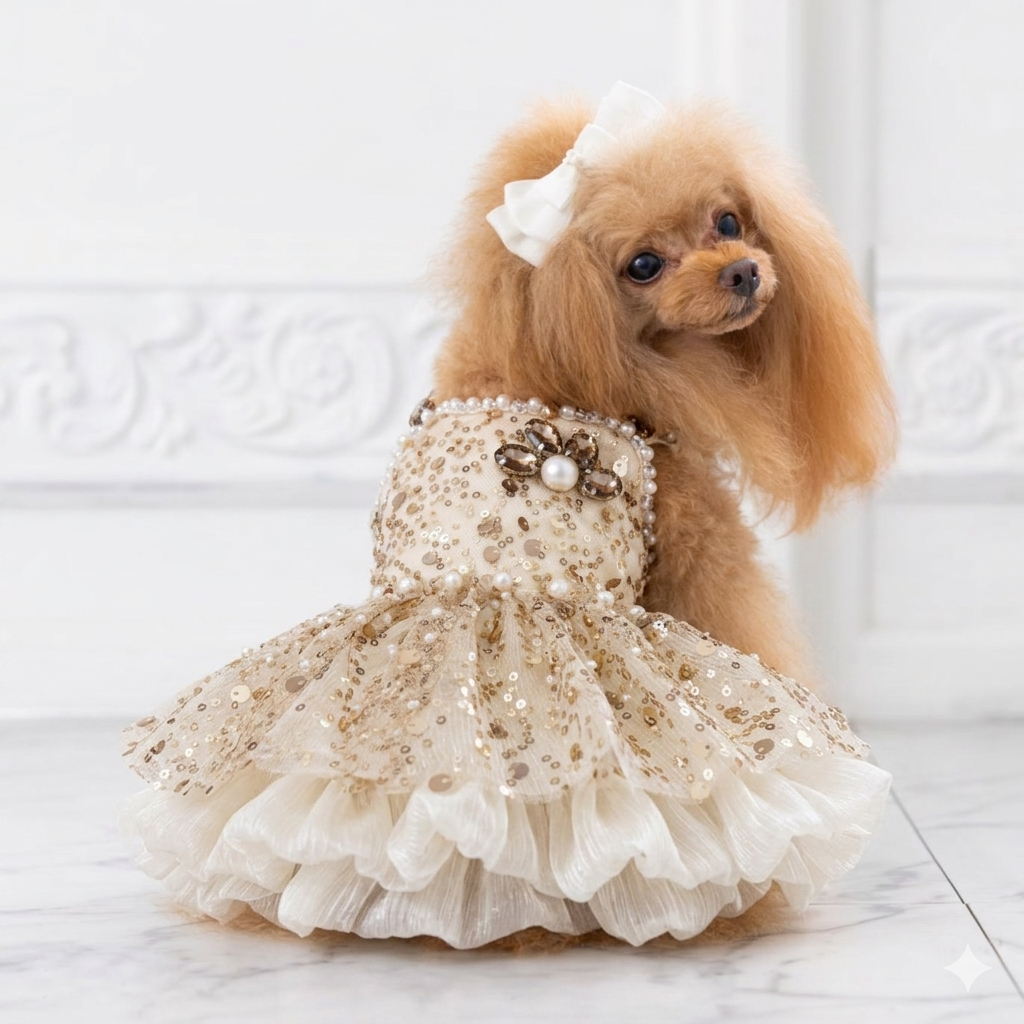 Luxury Dog Dress Gold Sequin Princess Dress – Elegant Puppy Wedding Outfit with Pearl Detail