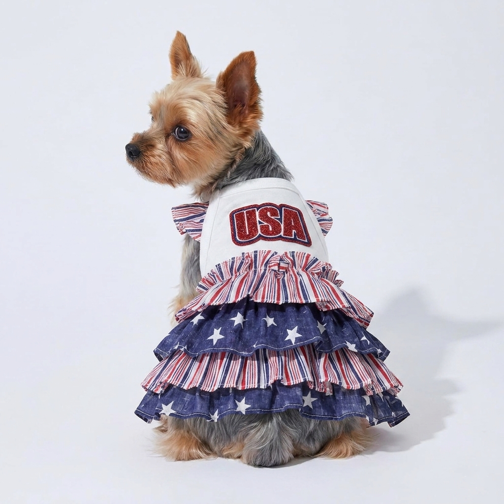 Patriotic Dog Dress USA Flag Ruffle Dress – Red White Blue Puppy Outfit for 4th of July