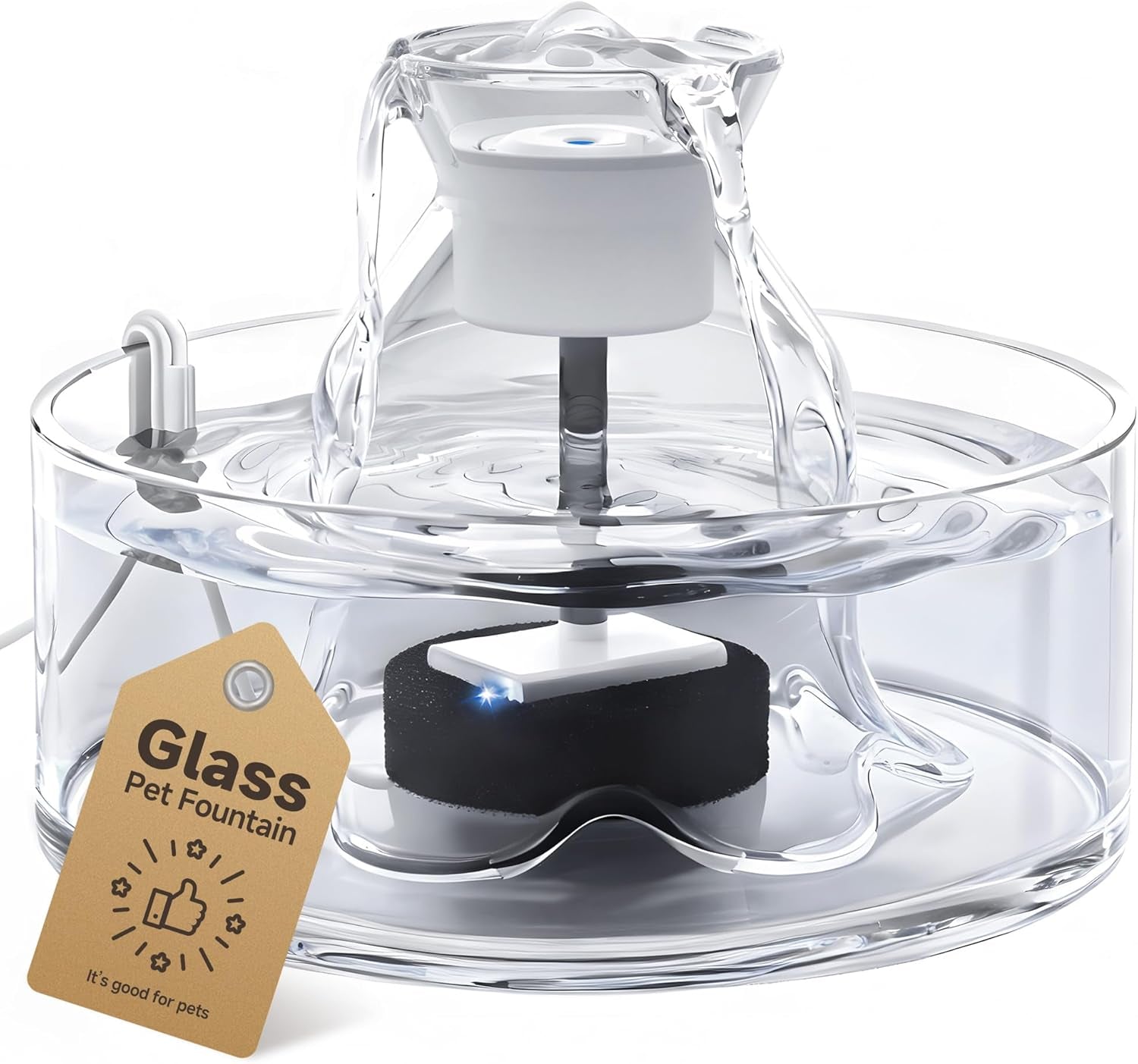 Glass Cat Water Fountain 2.7L Ultra Quiet BPA Free Auto Pet Fountain