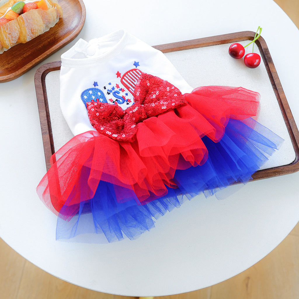 USA Patriotic Dog Dress – Red White Blue Sequin Bow Tutu Dress for Small Dogs