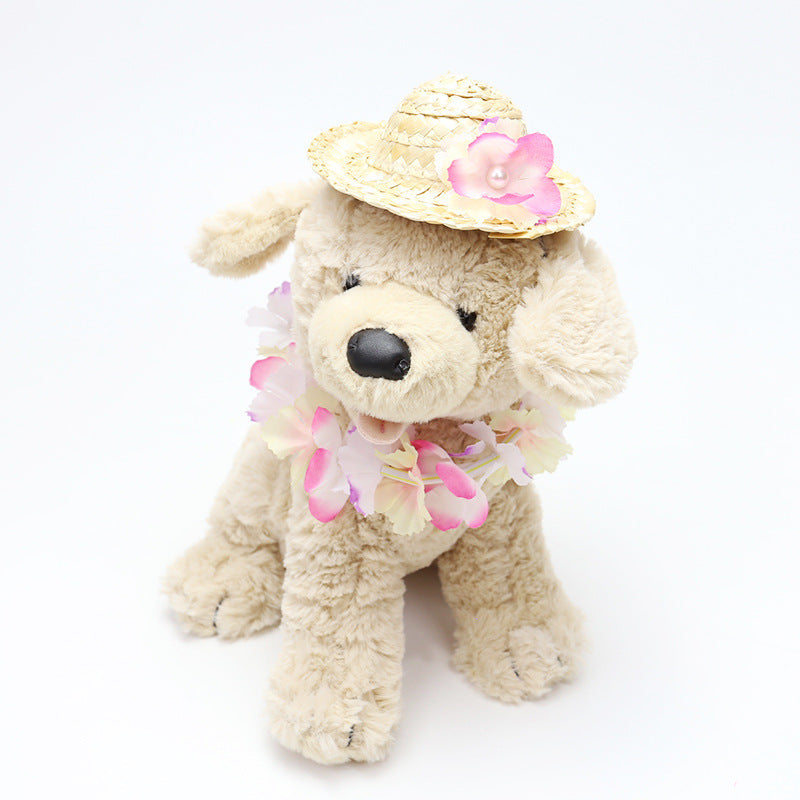 Pet Straw Hat and Flower Lei Set Beach Hawaii Style