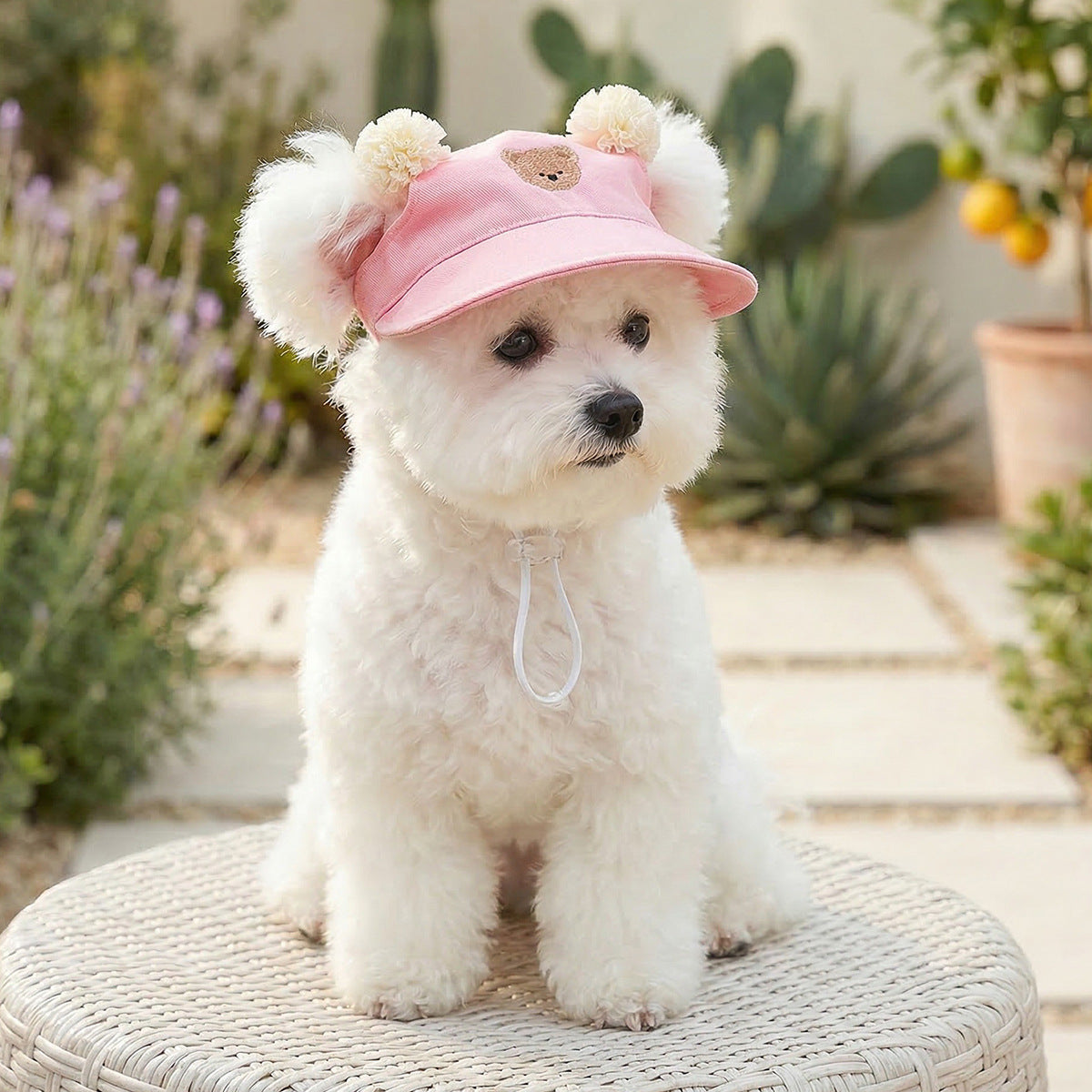 Pink Teddy Bear Pom-Pom Dog Visor Hat with Adjustable Chin Strap
