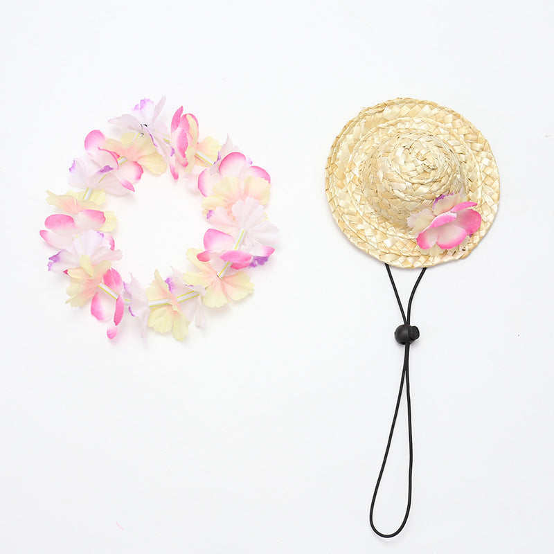 Pet Straw Hat and Flower Lei Set Beach Hawaii Style