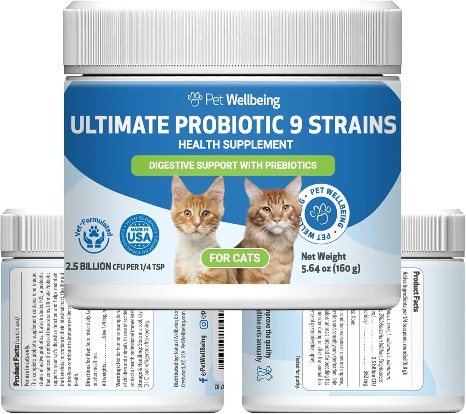 Pet Wellbeing Probiotic for Cats, 9 Strains + Prebiotics, Gut & Immune Support, Urinary Health, 2.5B CFU