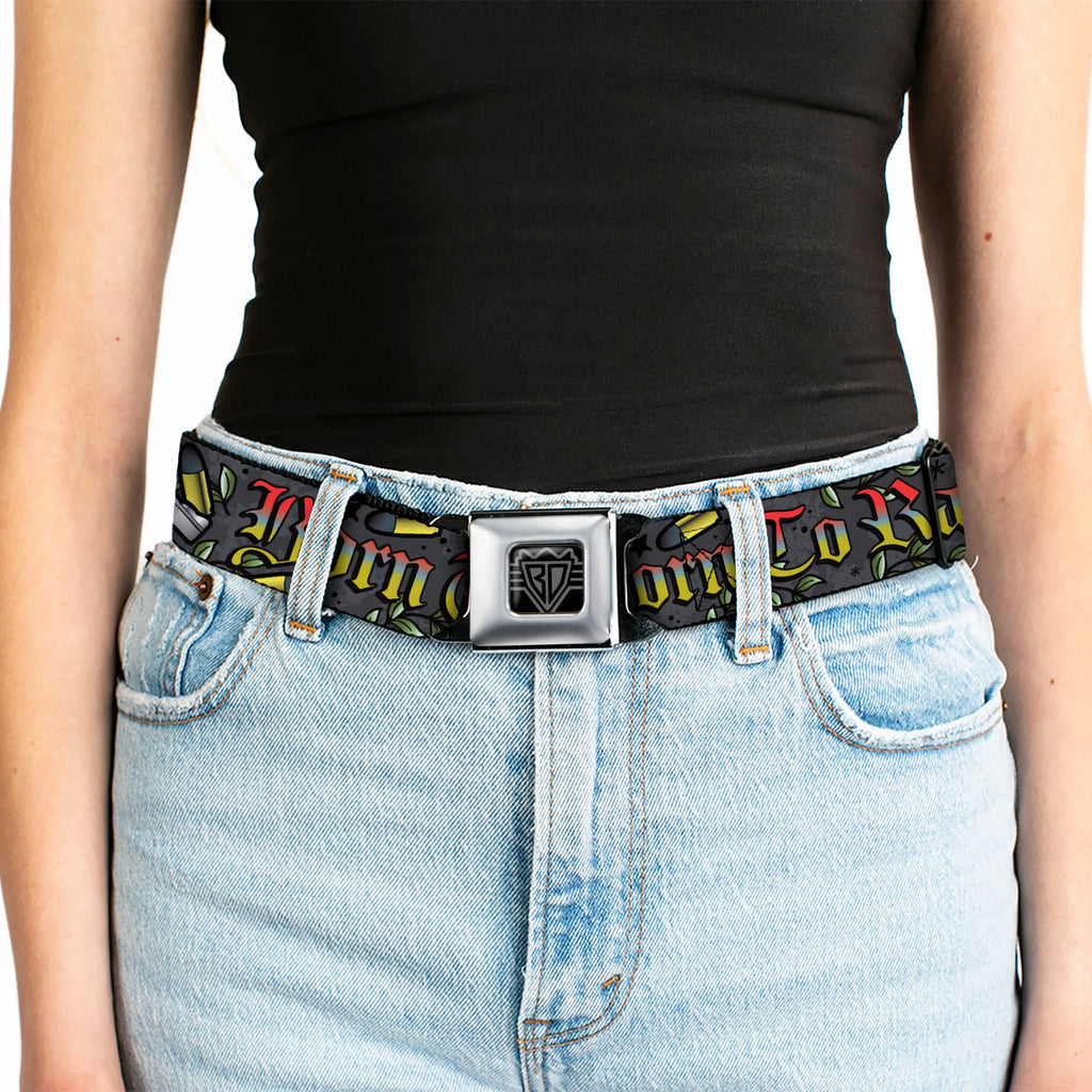BD Wings Logo CLOSE-UP Full Color Black Silver Seatbelt Belt - Born to Raise Hell Gray Webbing